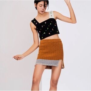 Yanyan Knits Tweedle Tan Brown‎ Mini Skirt Small Stretchy Ribbed Knit Fall